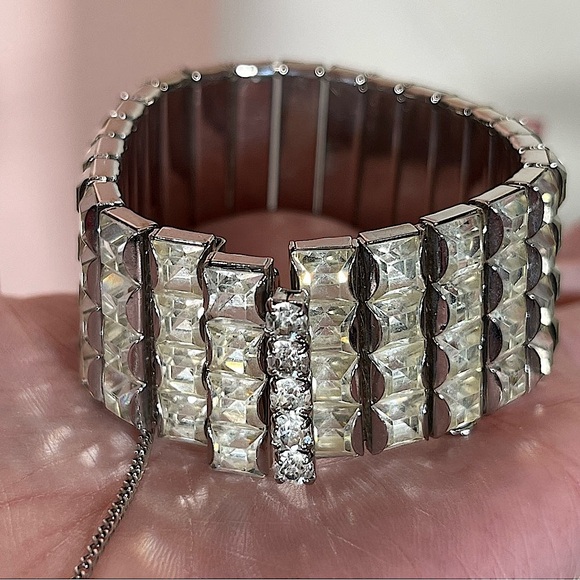 Vintage 1940’s Retro Art Deco Square Cut Rhinestone Mobwife WideTennis bracelet